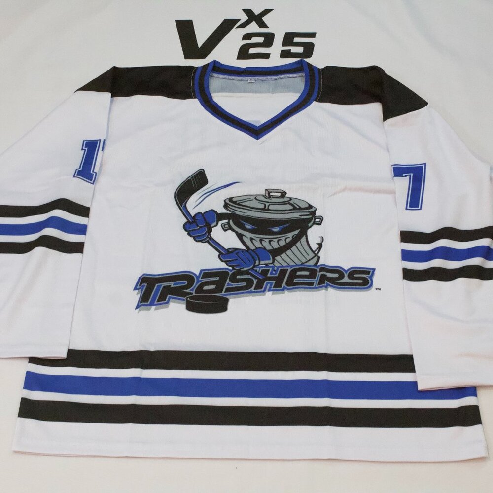NEW Men's Danbury Trashers AJ Galante Hockey Jersey Crime and Penalties White Lg